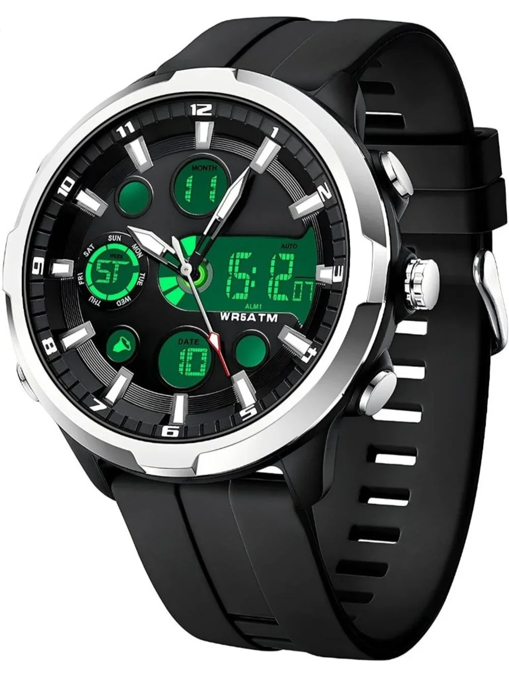 Men Silver Large Face Watches Chronograph Waterproof Sport Military Heavy Duty